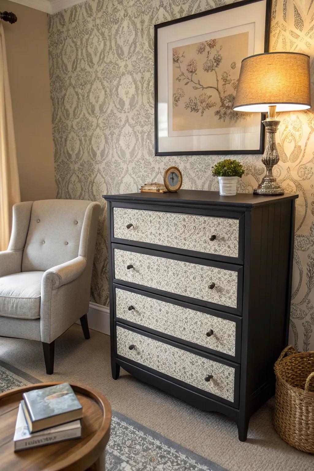 Textured drawer fronts add depth to a cozy reading nook dresser.