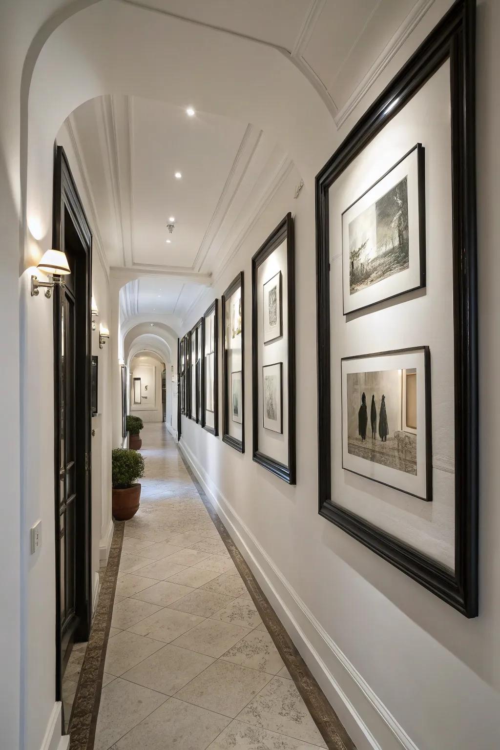 Black frames add rustic charm and definition to this hallway.