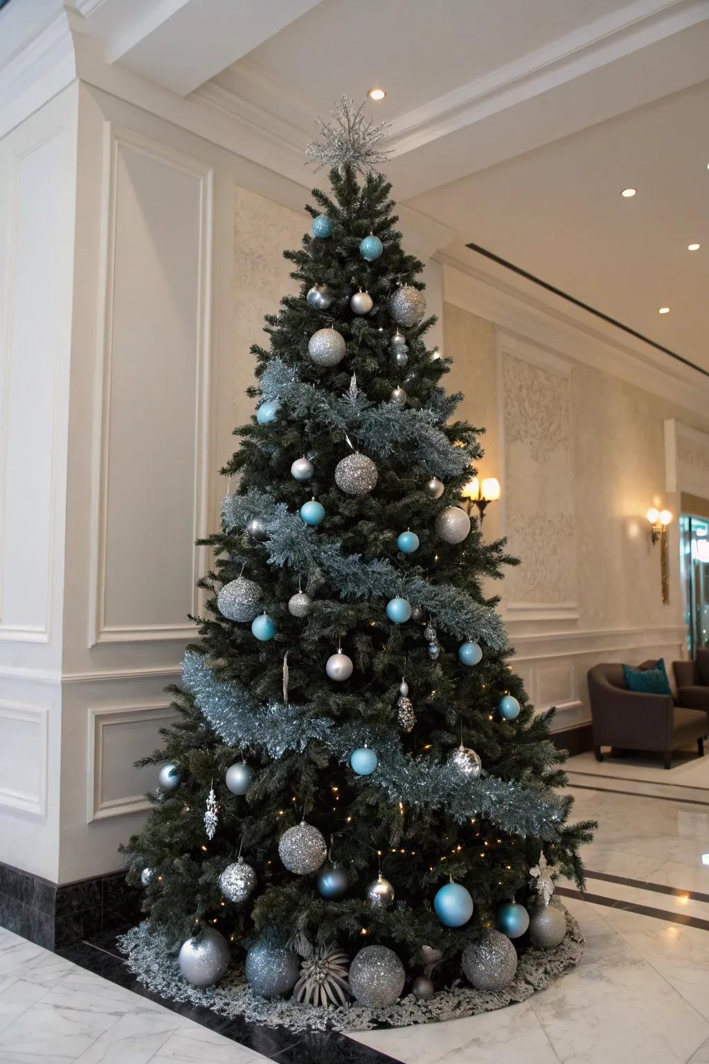 A black Christmas tree with silver and icy blue decorations for a sophisticated look.