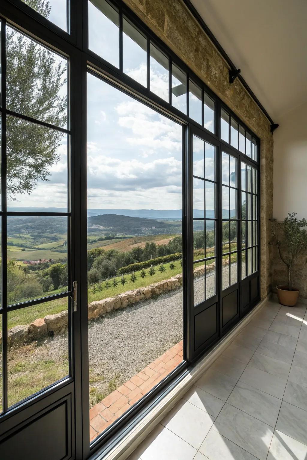 A room with modern black-framed windows enhancing the outdoor view.