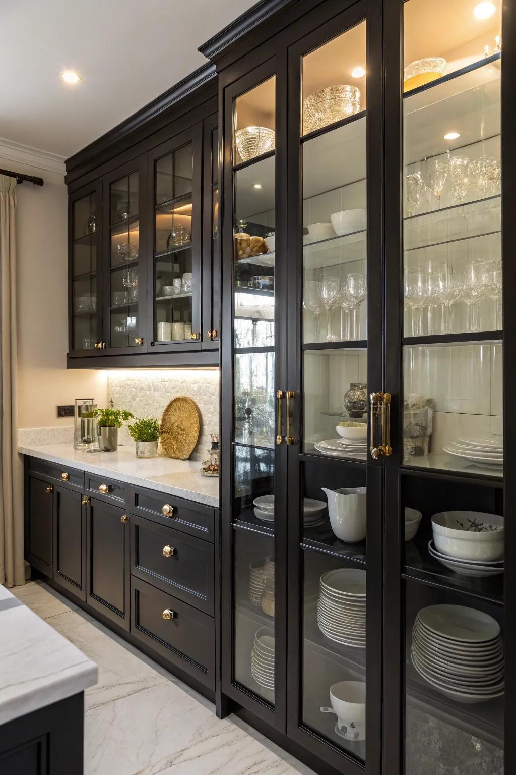 Glass-front cabinets providing openness and display opportunities in a black kitchen.