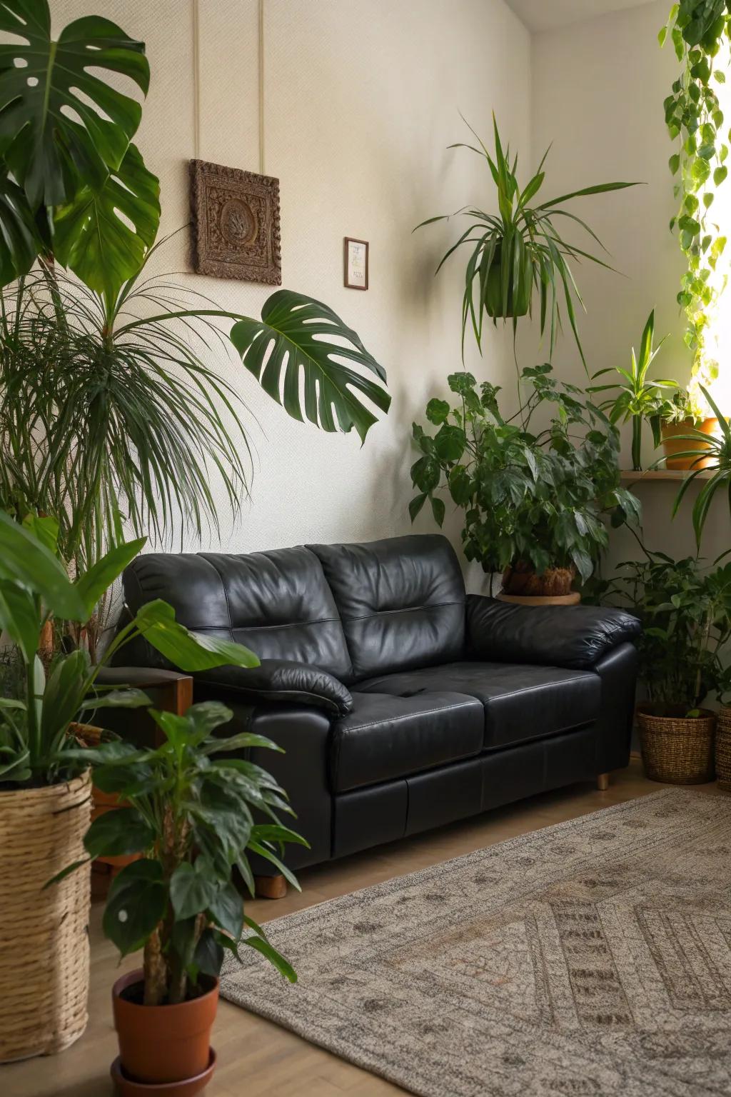 Greenery adds life and freshness, complementing the black leather sofa beautifully.