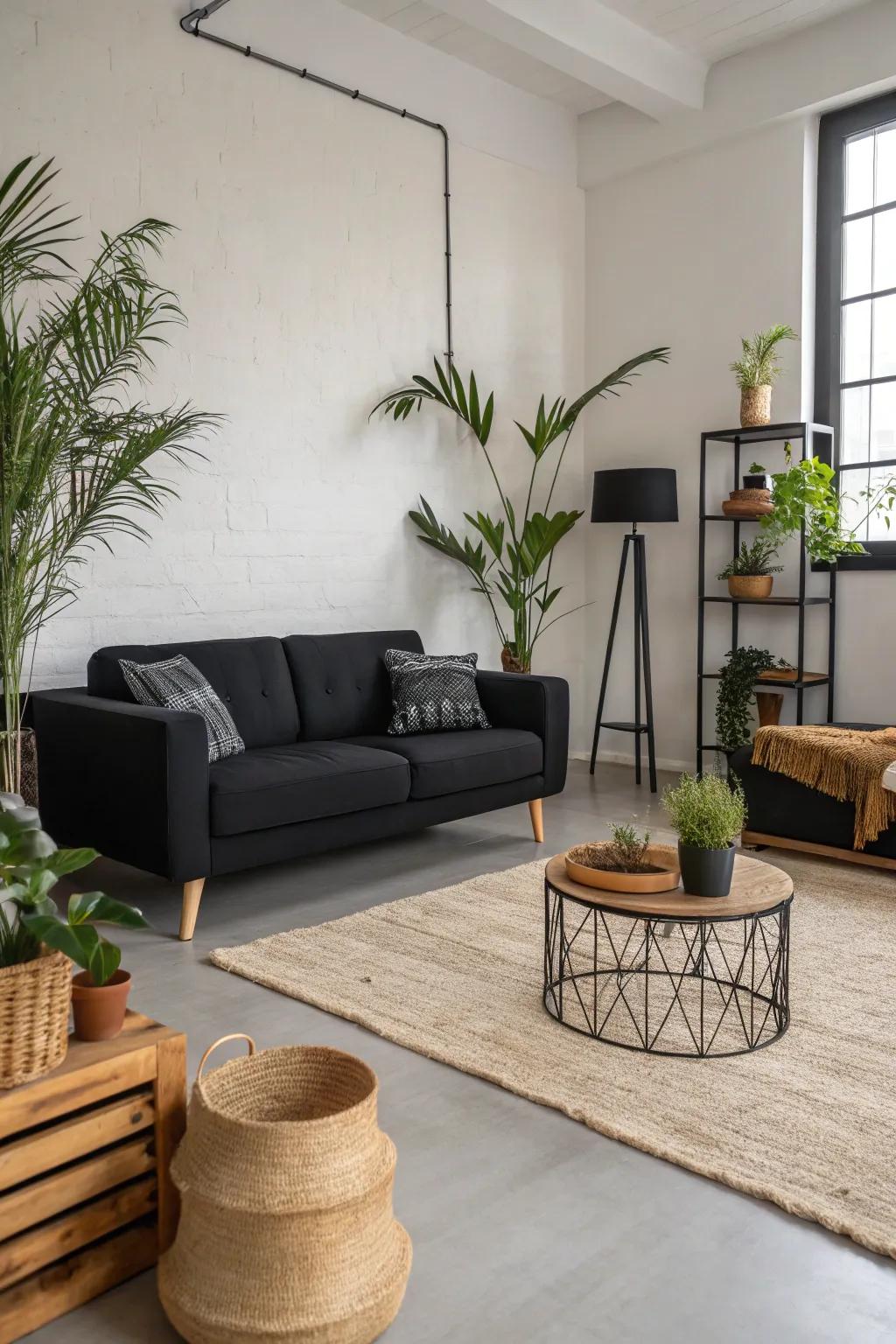 A minimalist black living room that exudes tranquility.