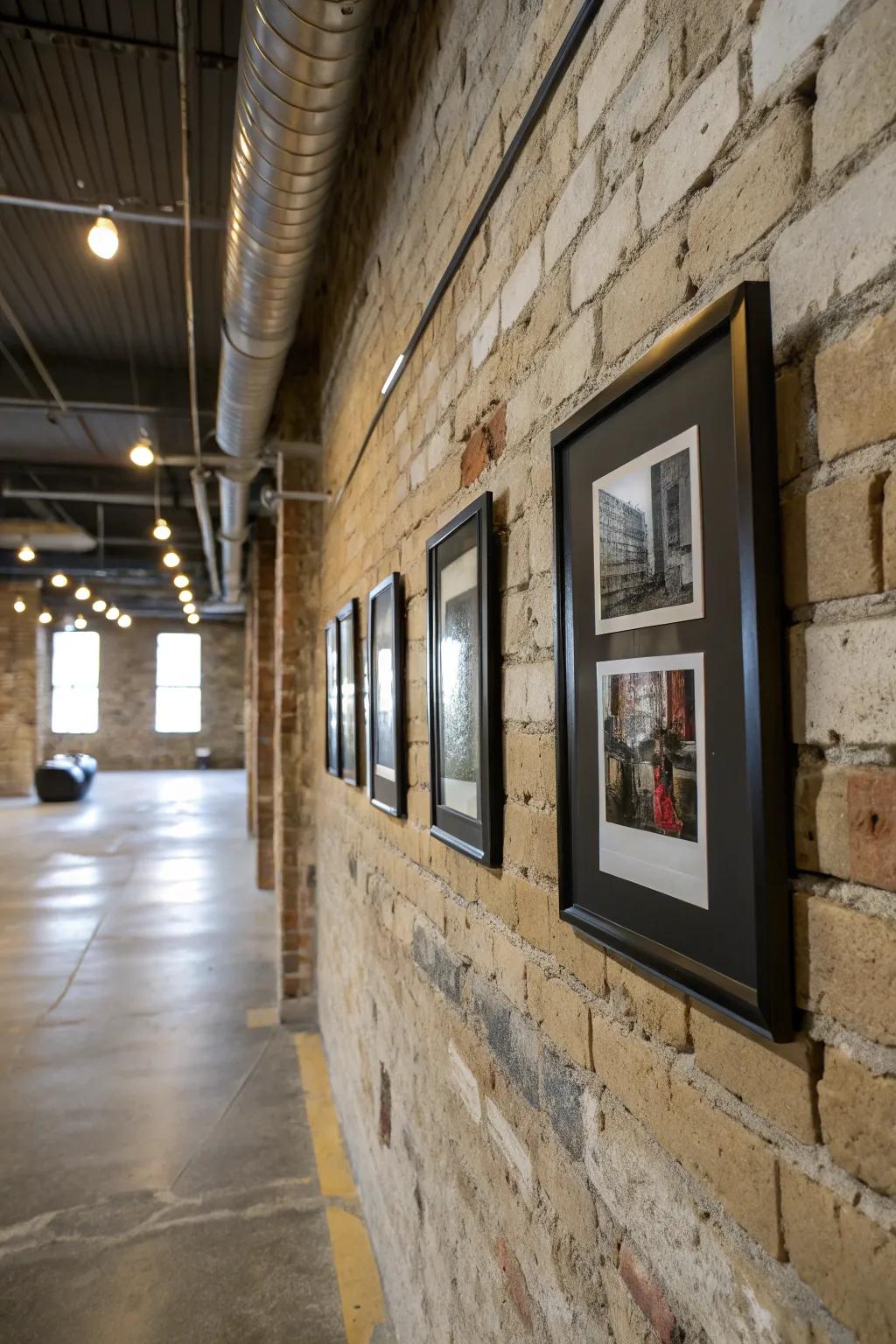 Rich textures with black frames on a brick wall.