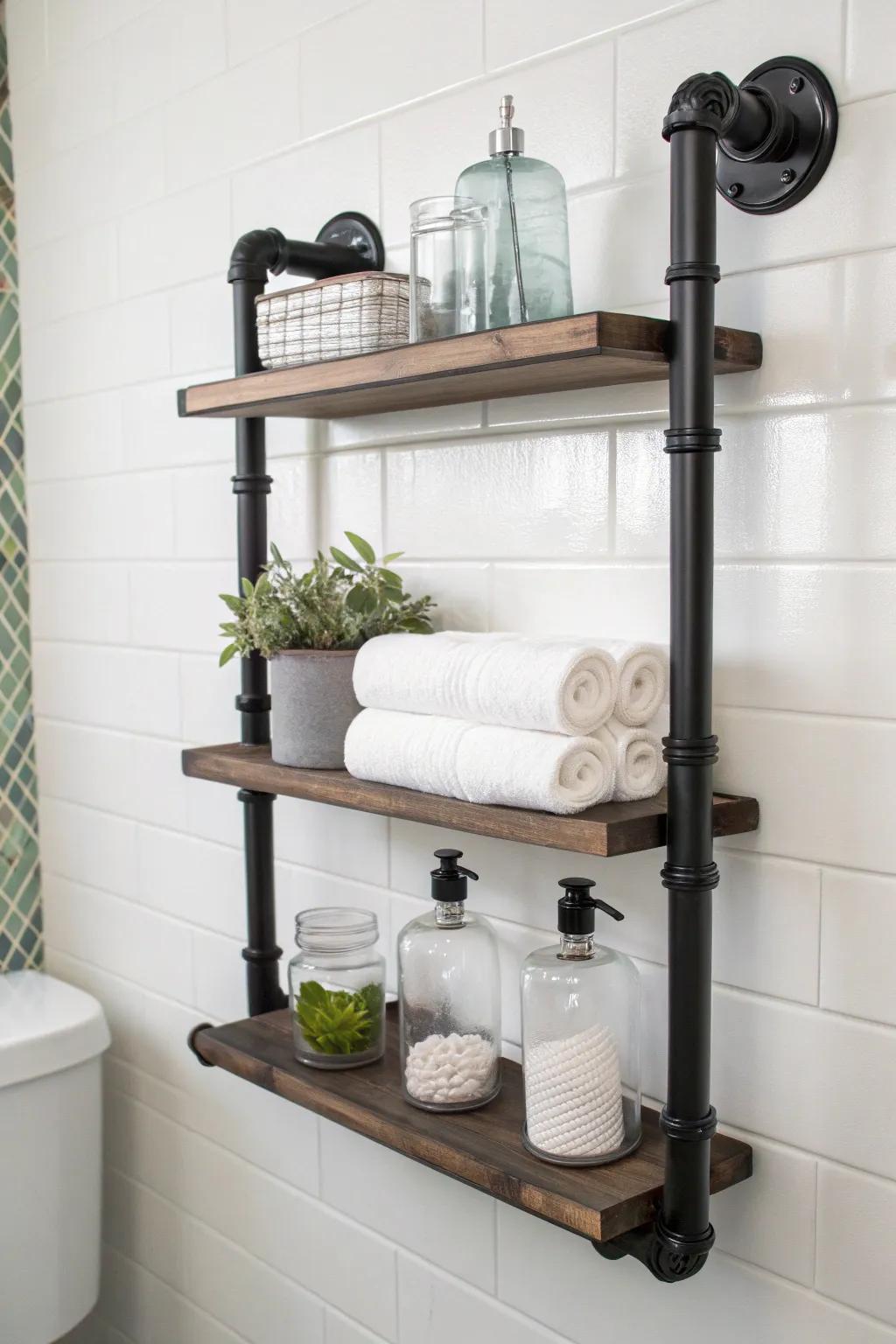 Elevate your bathroom decor with chic and functional pipe shelving.