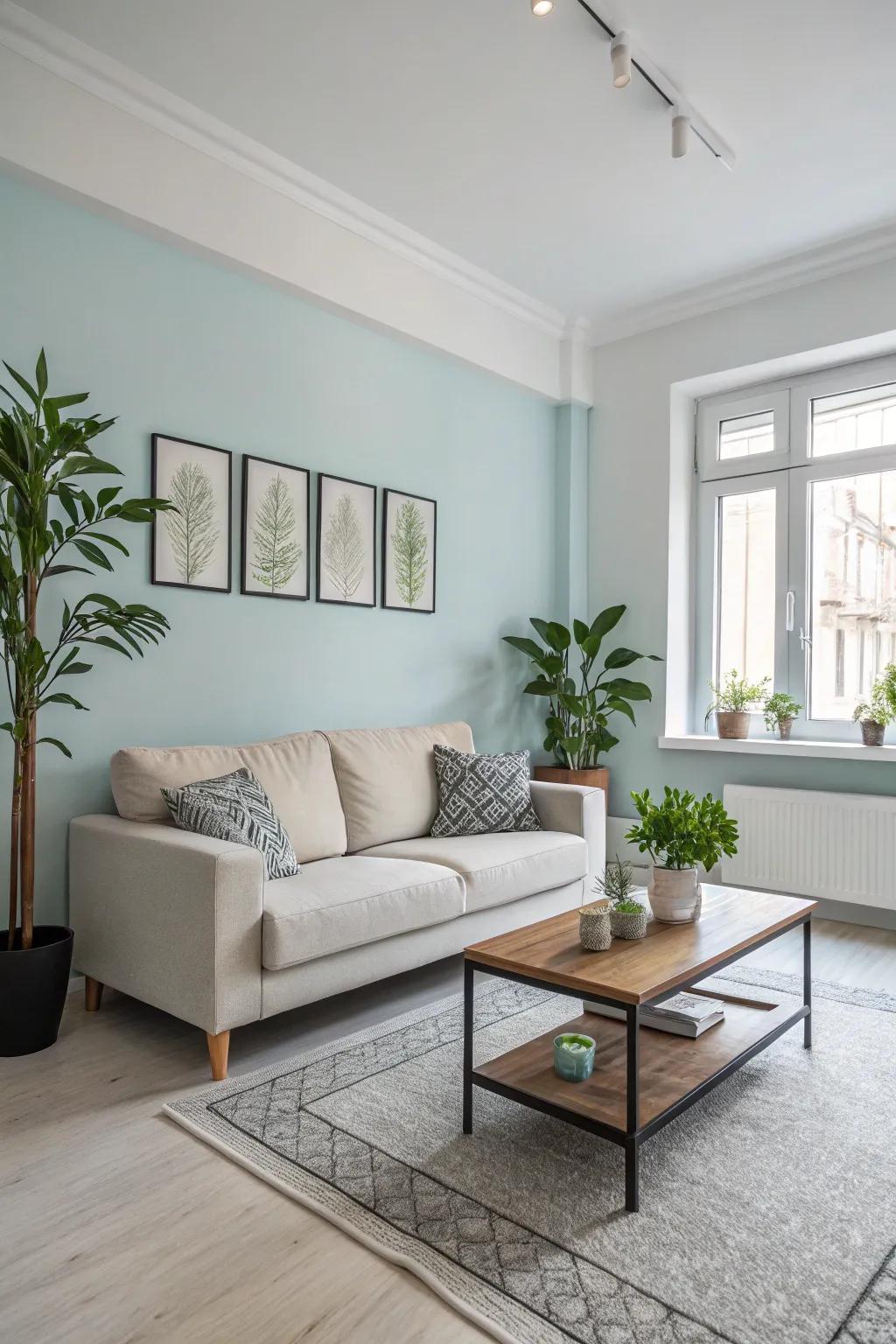 A minimalist living room with a light blue accent wall.