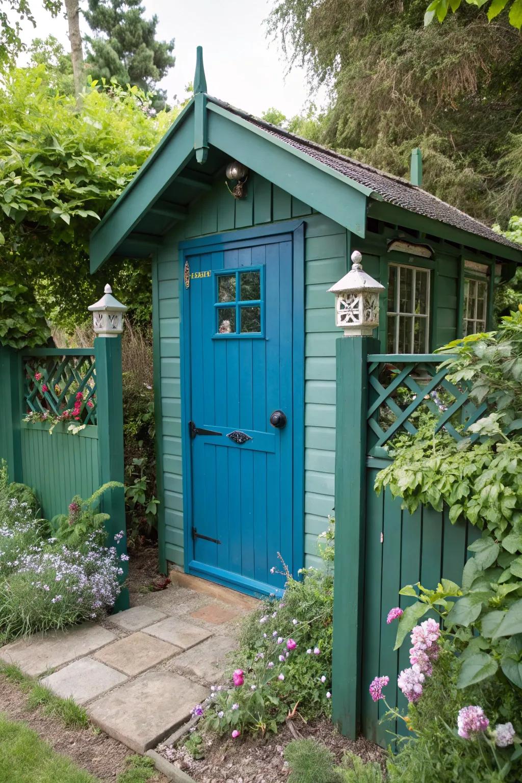 Peacock blue doors add whimsical charm to garden settings.