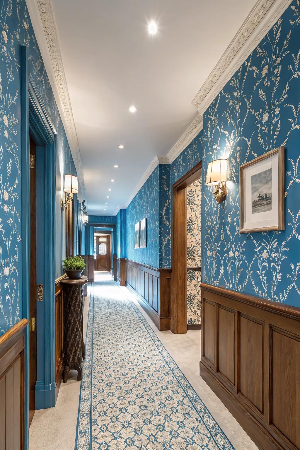 Blue wallpaper paired with painted woodwork creates a striking entrance.