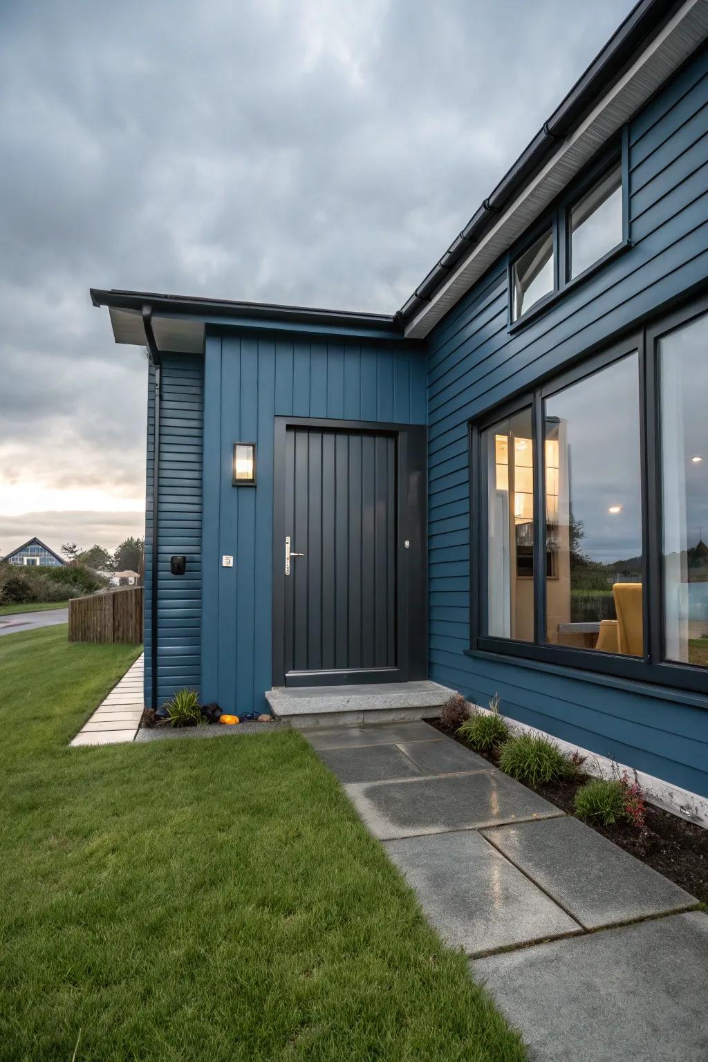 Charcoal gray doors provide a modern edge to blue homes.