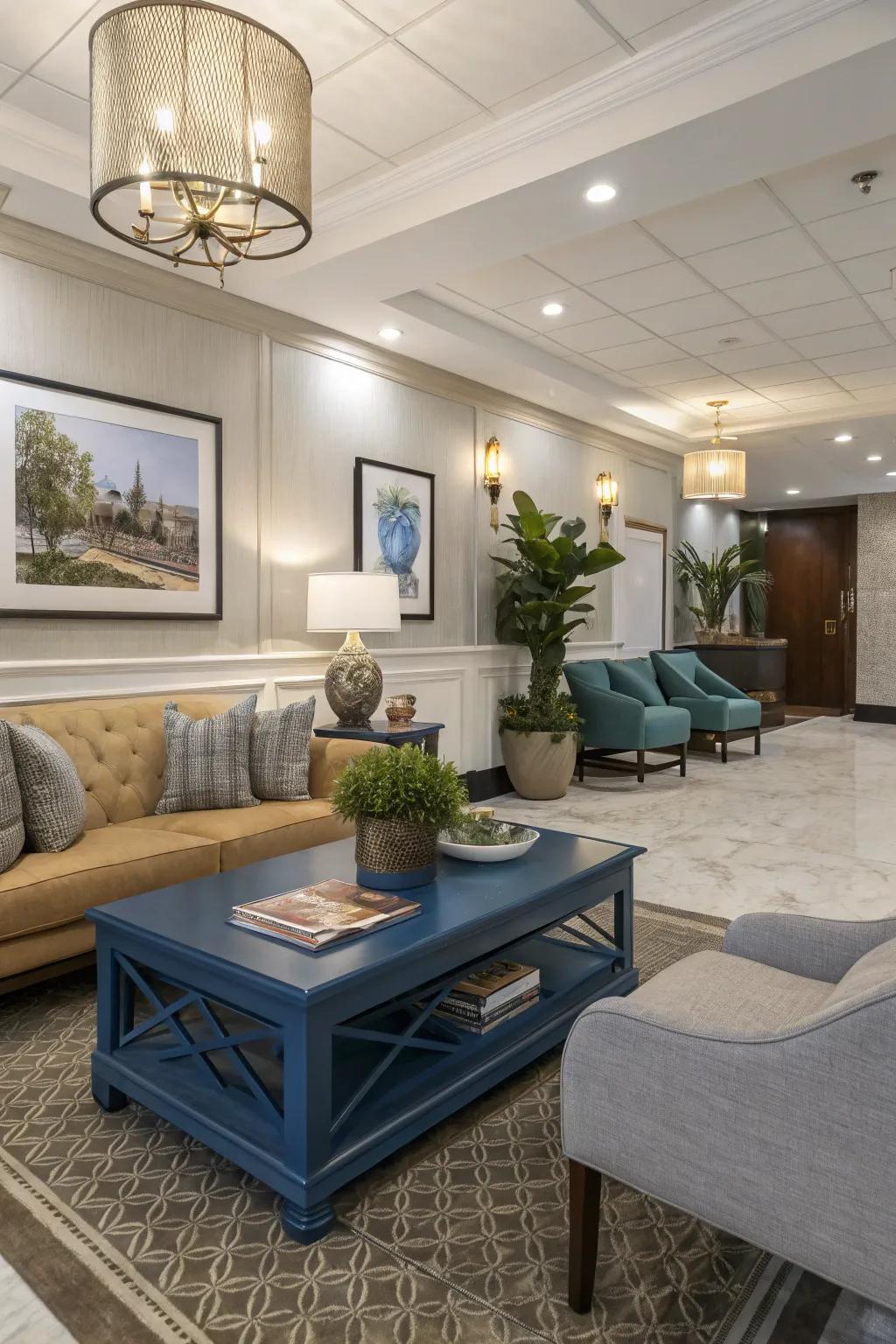 A blue coffee table serves as a functional centerpiece.