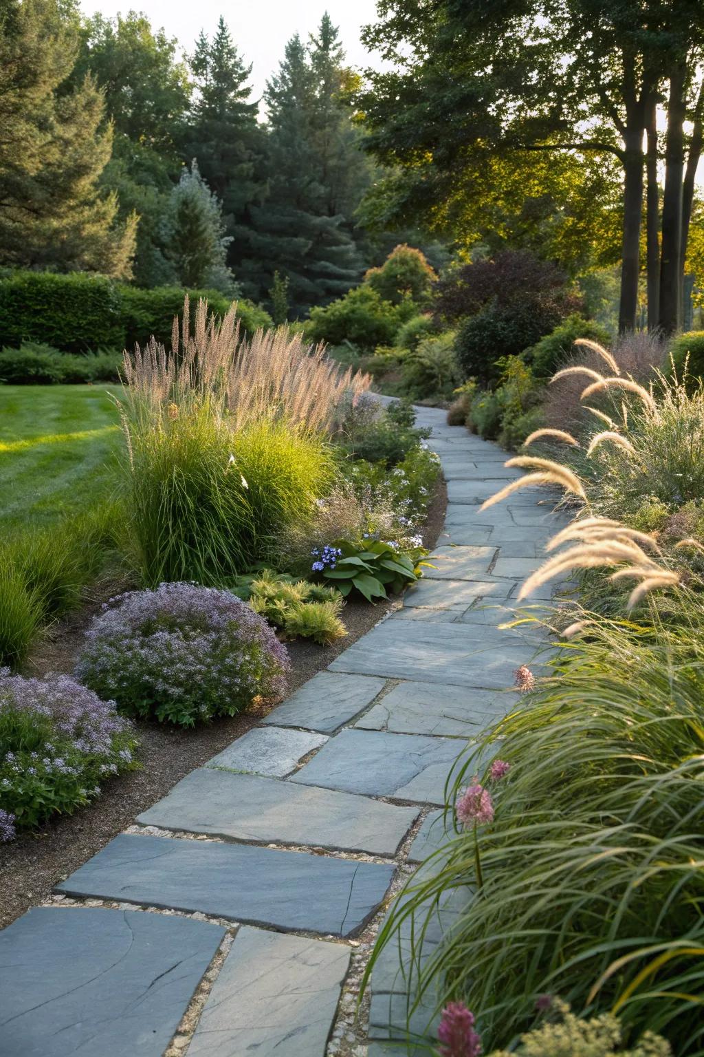 Edging plants soften and beautify the borders of bluestone paths.