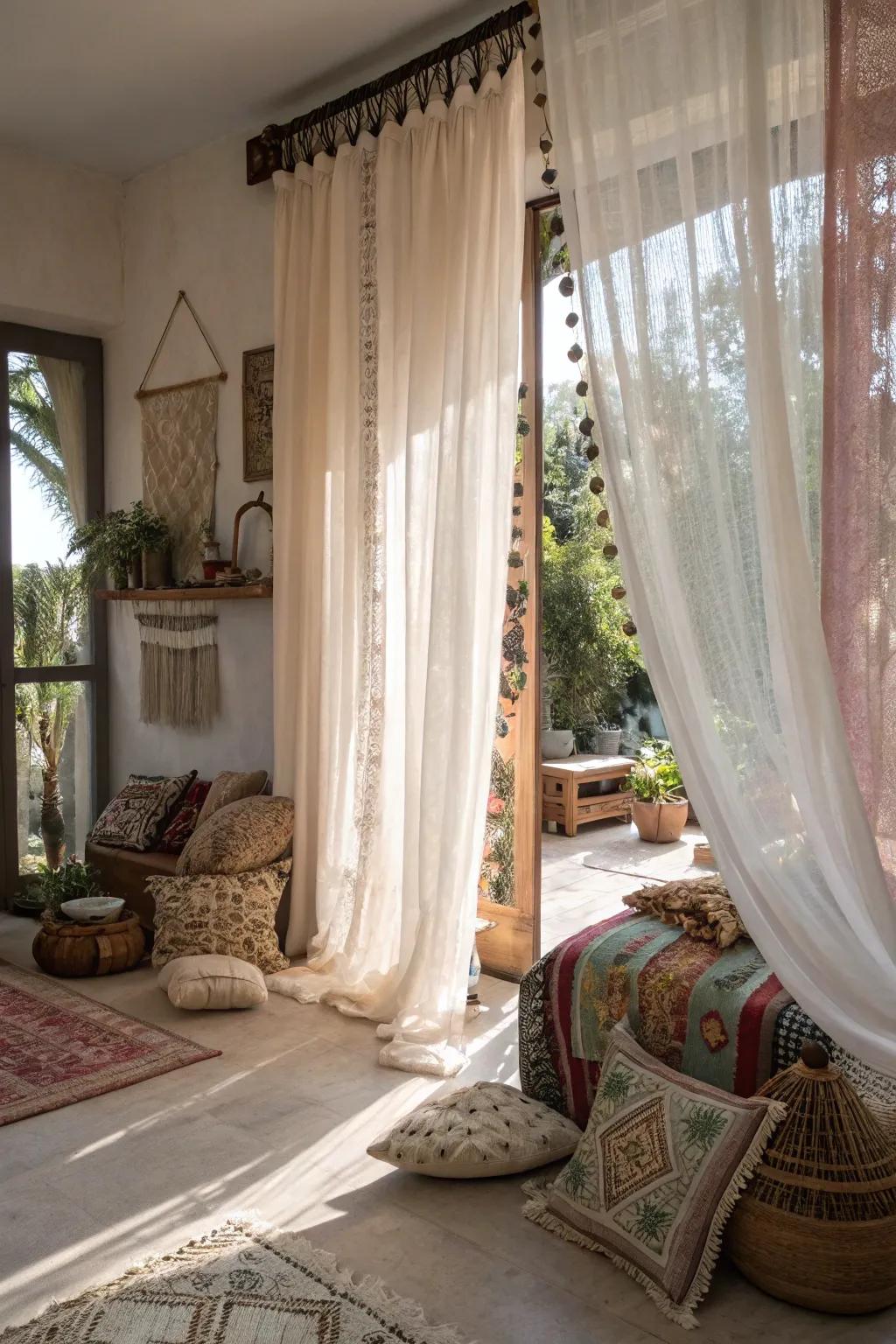 Textured curtains add softness and light to boho spaces.