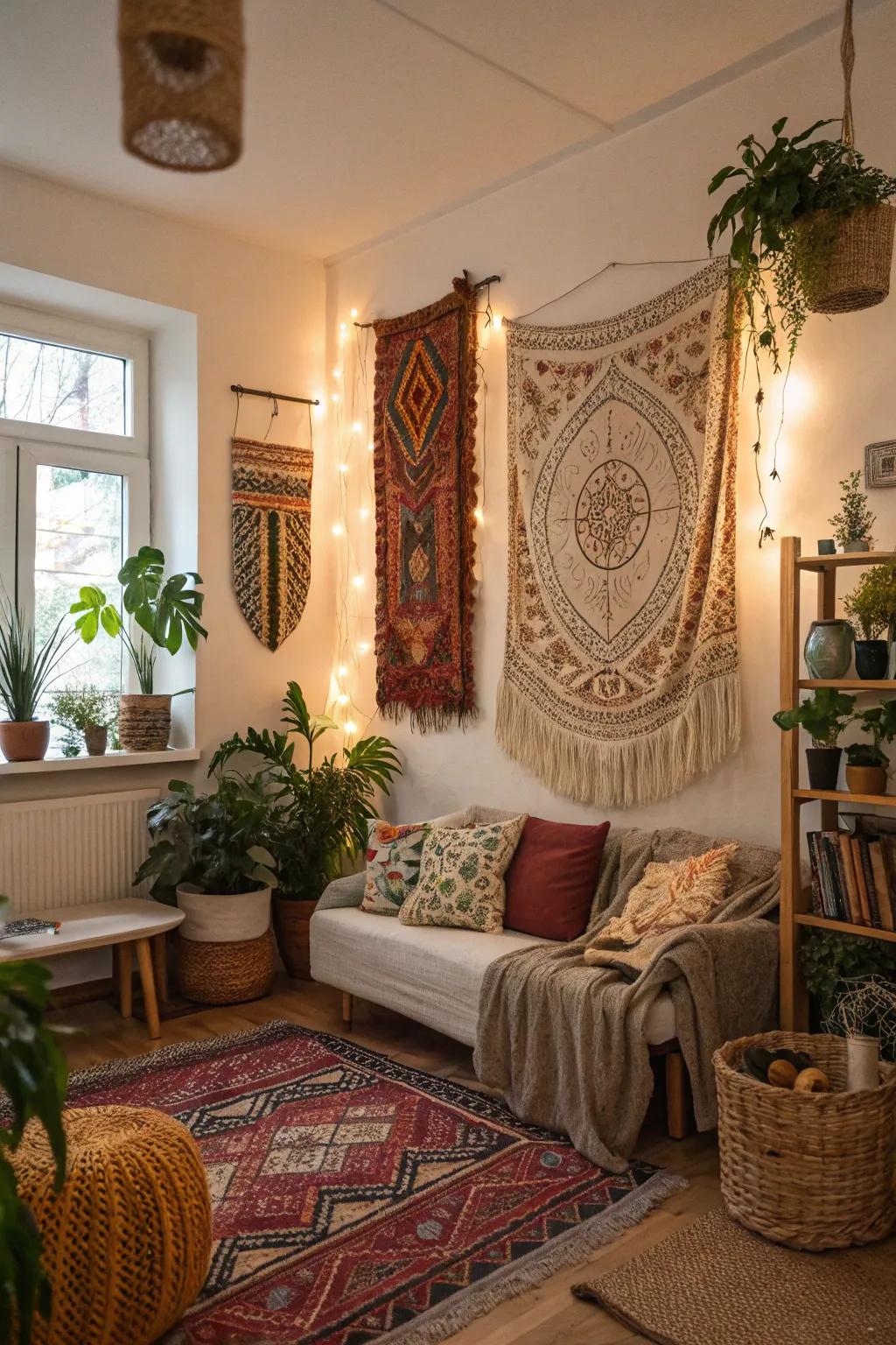 Wall hangings add dimension and interest to boho interiors.