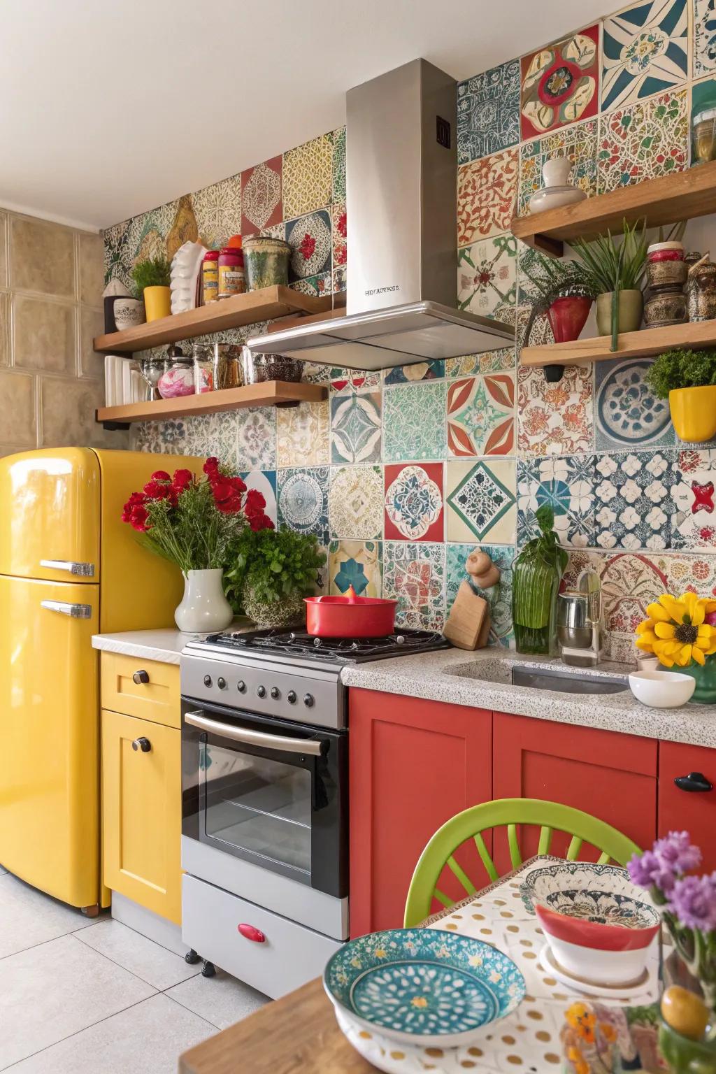 An eclectic tile collage brings personal charm to this kitchen.