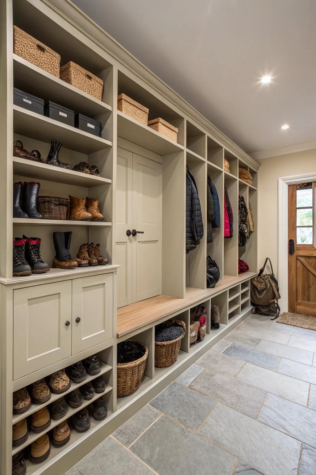 Floor-to-ceiling storage optimizes space in high-ceilinged rooms.