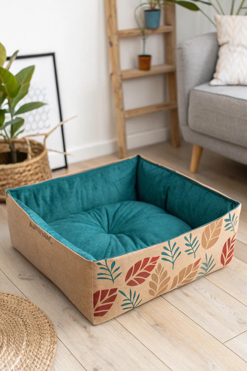Turn an ordinary box into a cozy oasis for your pet with this chic cardboard bed idea!