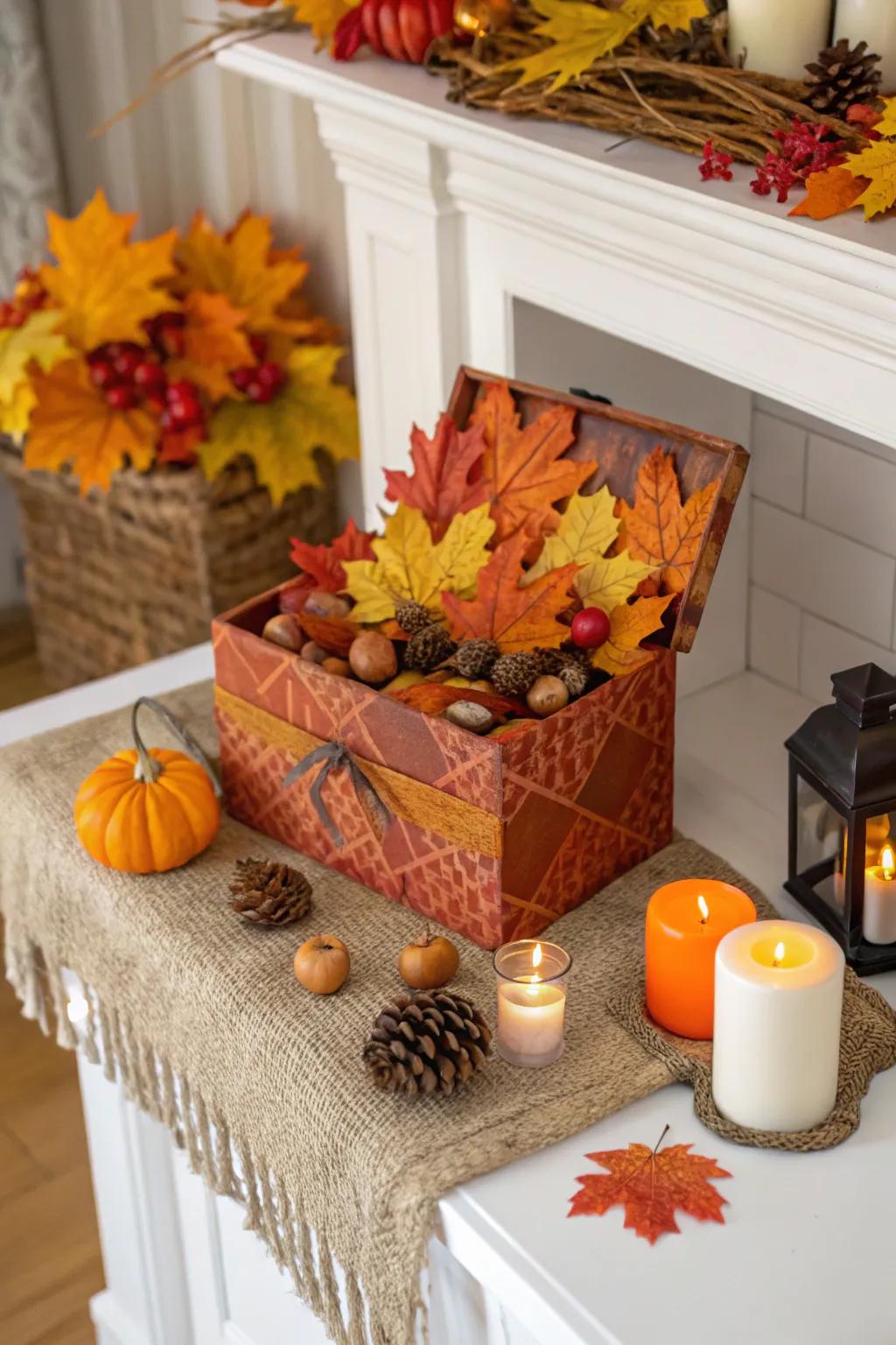 An explosion box with a warm seasonal theme.