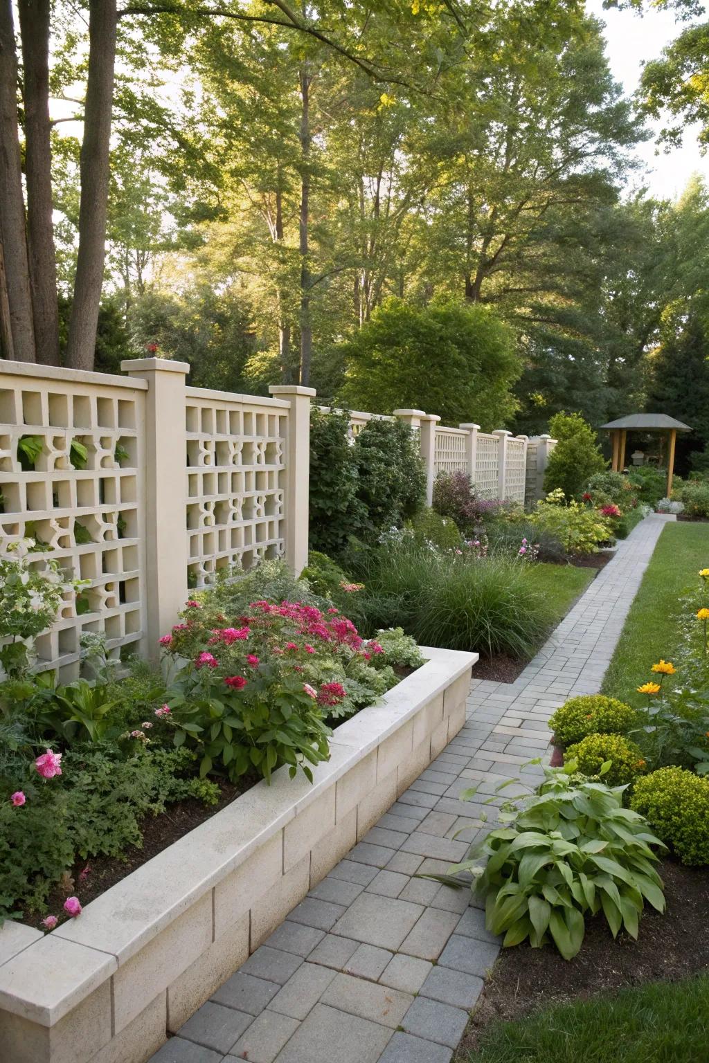 A chic breeze block barrier defining garden spaces.