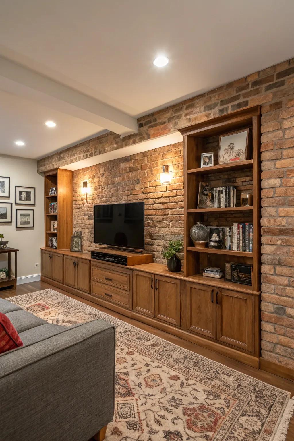 Built-in furniture frames the brick wall beautifully.