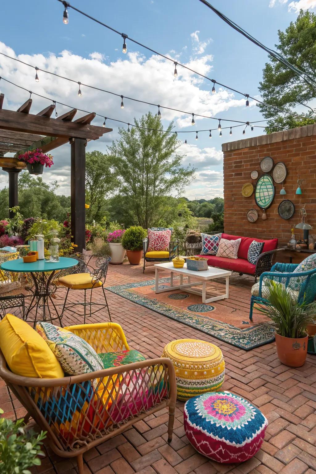 A maximalist brick patio bursts with color and personality.