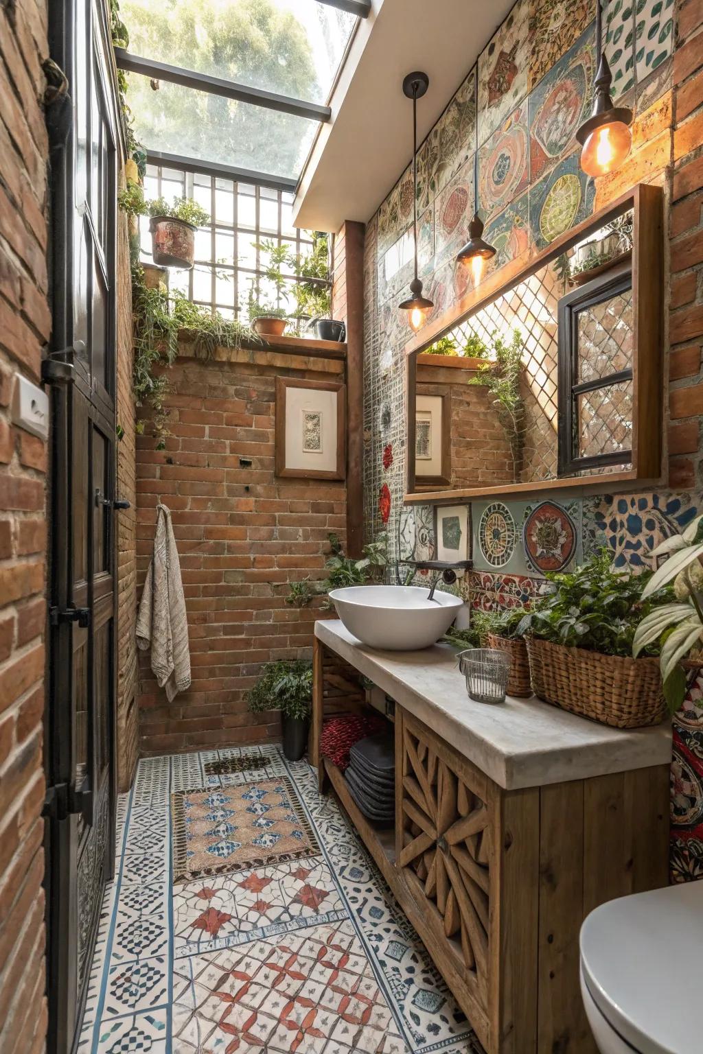 An eclectic mix of brick walls and patterned tiles for a playful bathroom design.