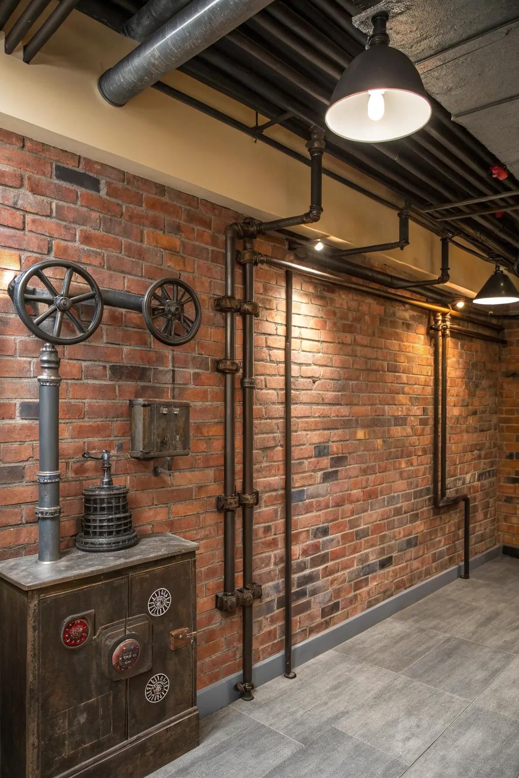 Industrial decor adds an edgy, urban vibe to the rustic brick wall.