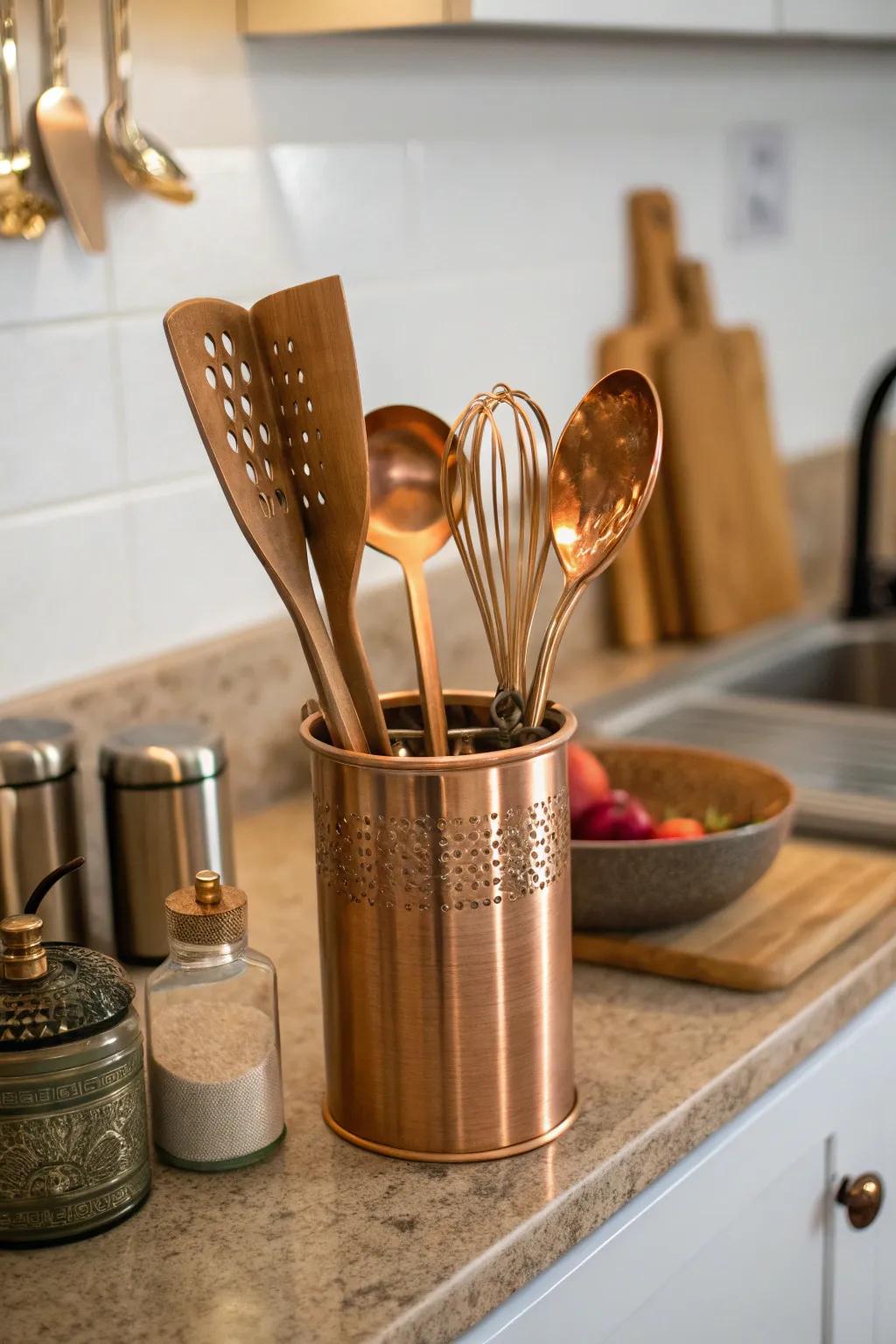 Cook with elegance using sleek bronze utensils.