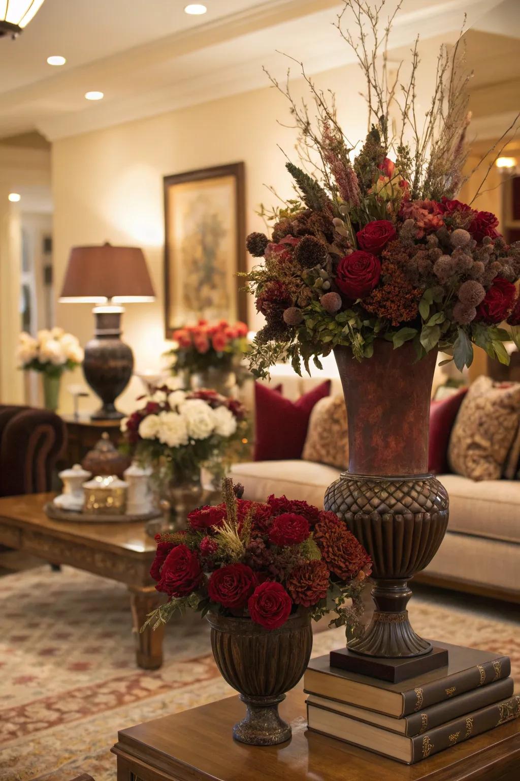 Floral arrangements bring vibrancy and a natural element to living room decor.