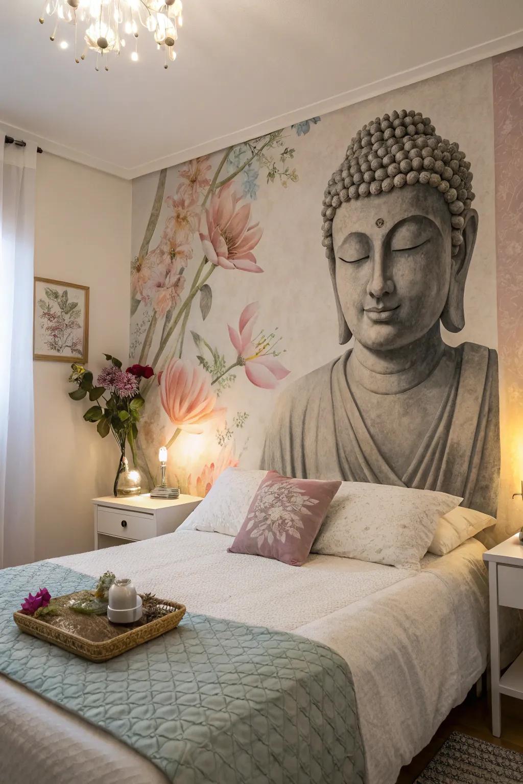 Floral accents in the Buddha painting create a serene atmosphere in this inviting bedroom.