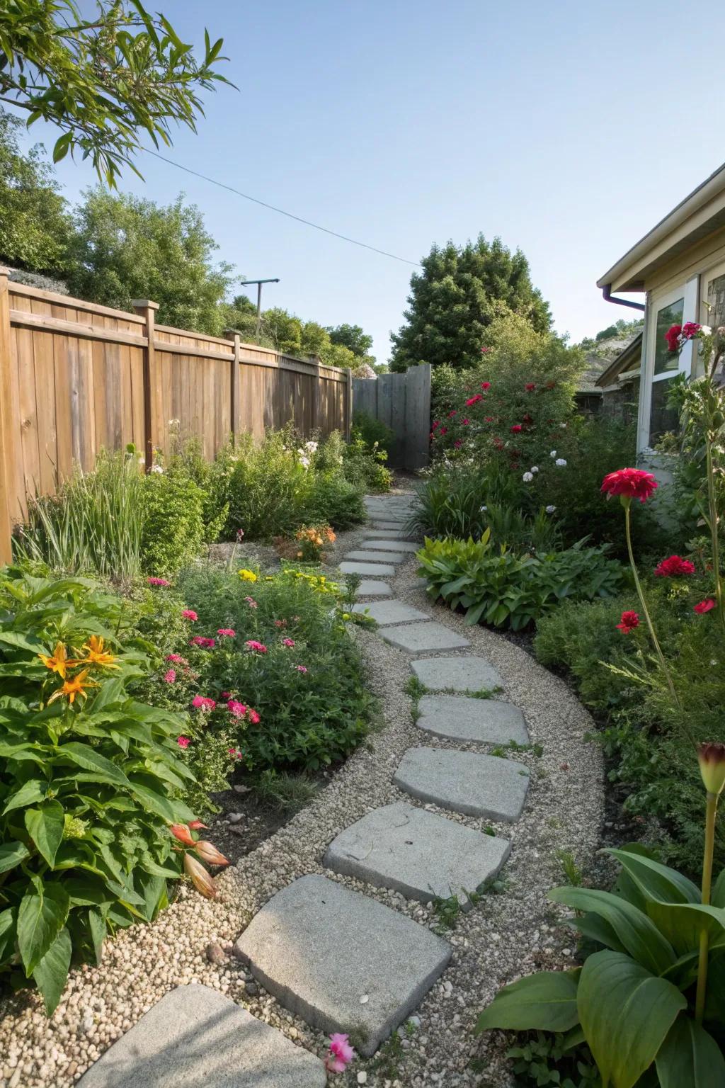 Gravel pathways add charm and accessibility.