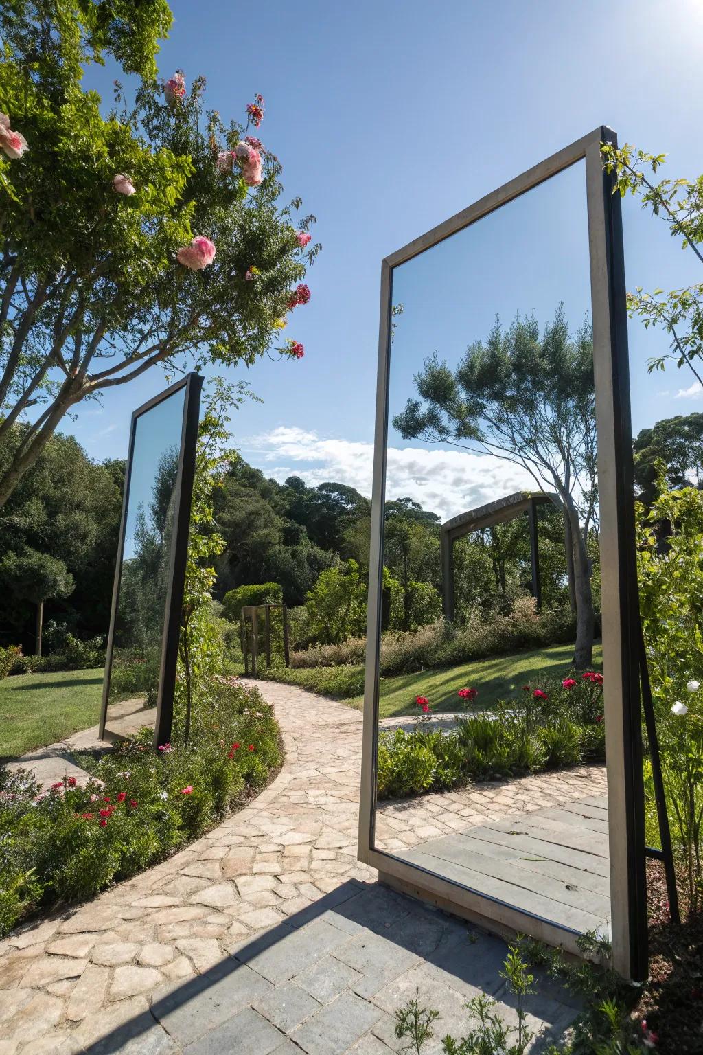 Symmetrical mirrors can make a small backyard feel more spacious.