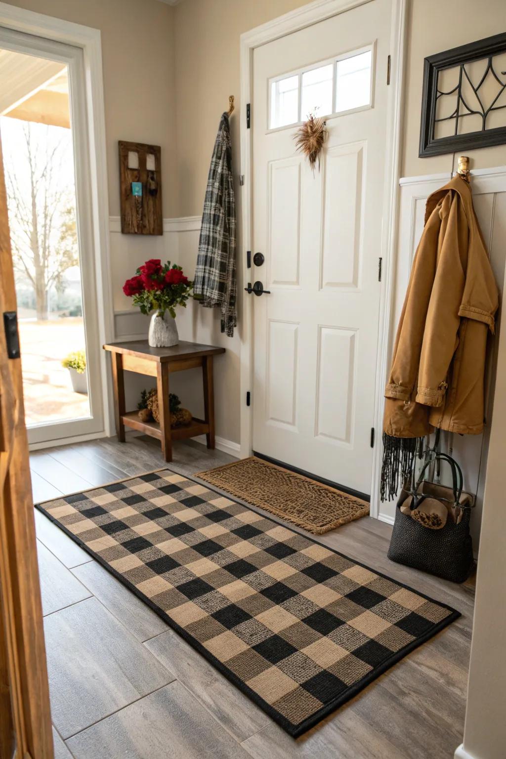 A buffalo plaid entryway mat sets a stylish tone.