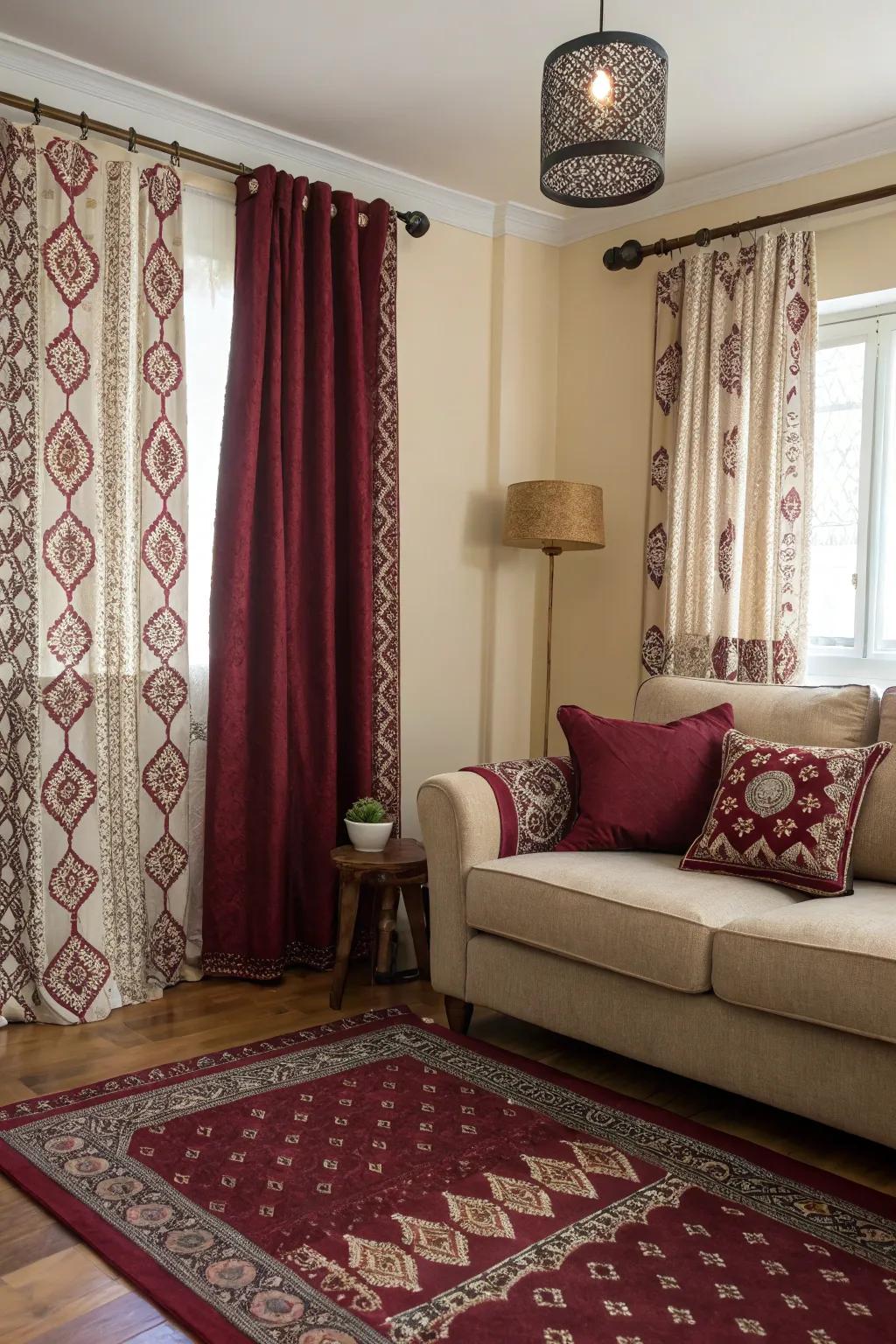 A mix of patterns with burgundy creates a stylishly eclectic living room.