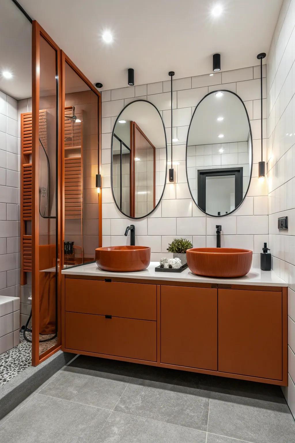 Burnt orange fixtures create a coordinated and polished look.