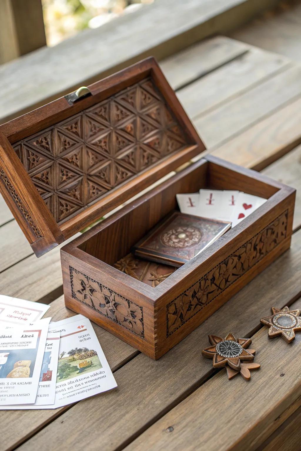 Unlock the mystery: Drop your business card in style with this handcrafted puzzle box.
