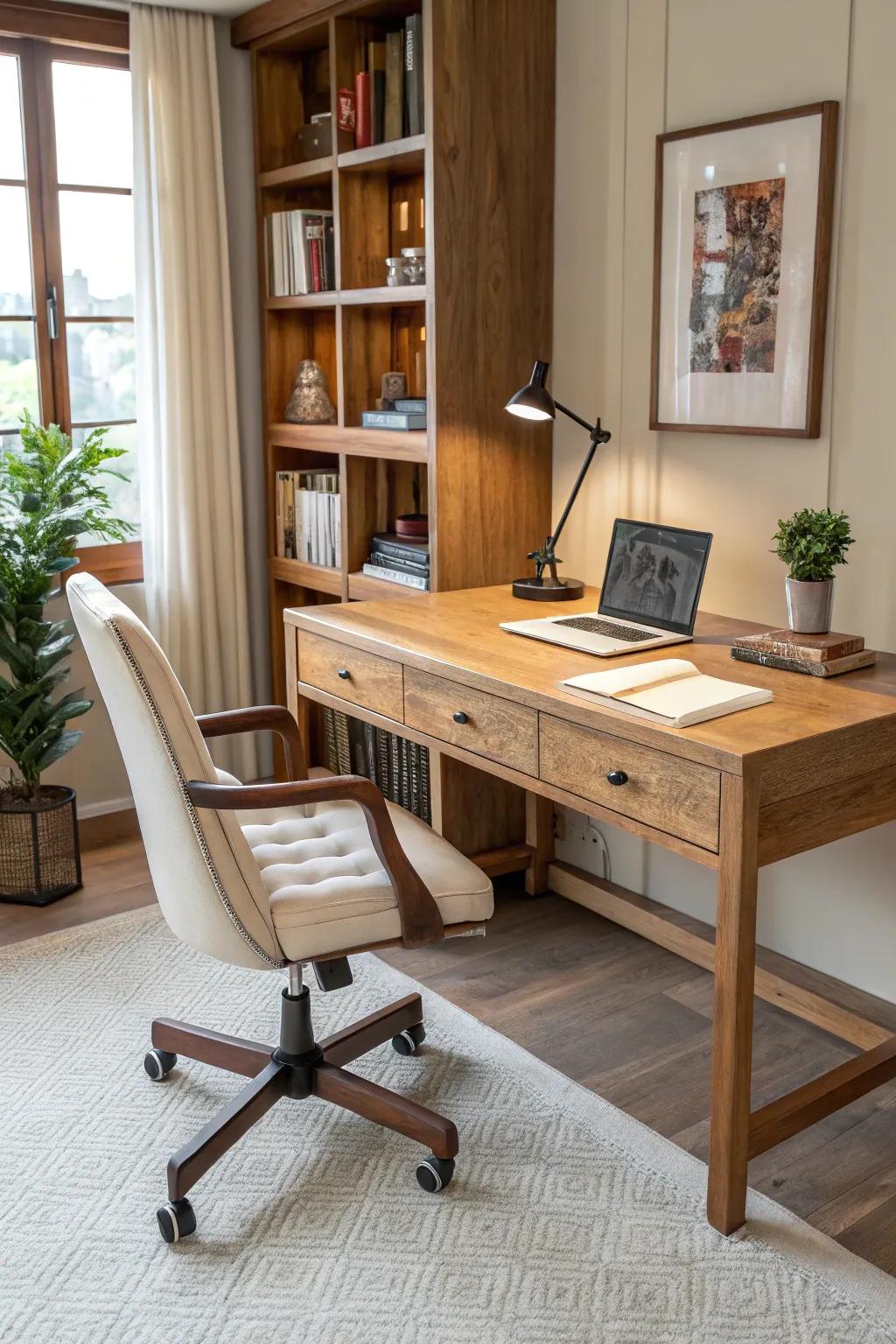 A stylish desk chair paired with a butcher block desk.