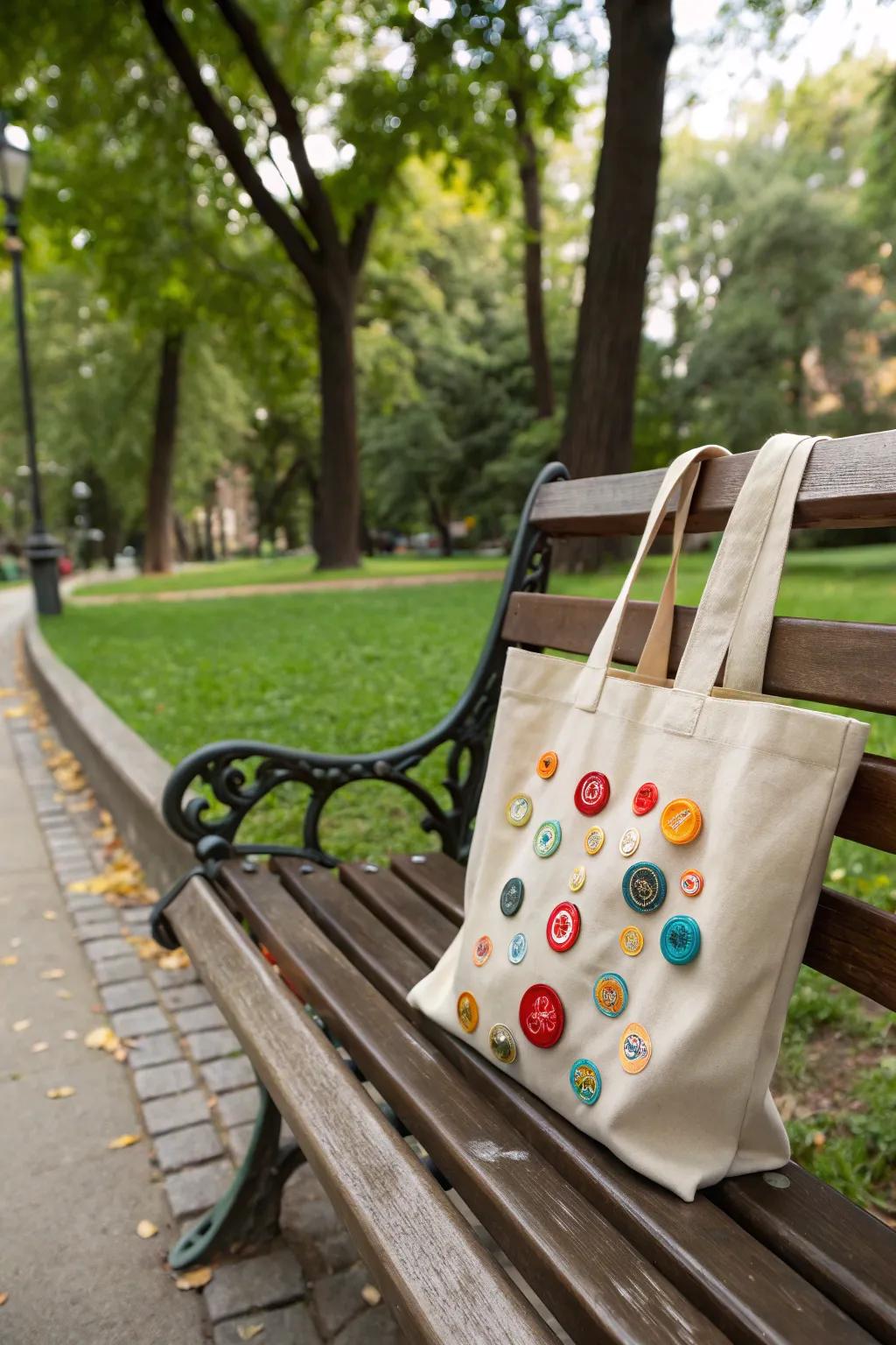 Carry your essentials in style with a unique button tote bag.