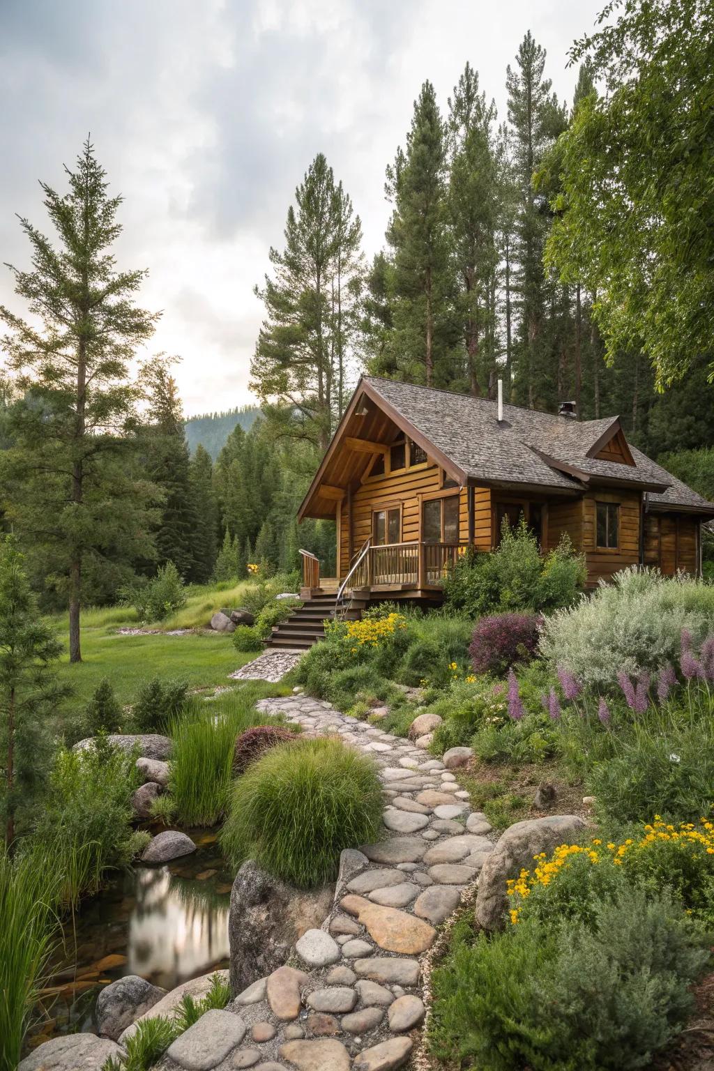 Native landscaping complementing the cabin's natural setting