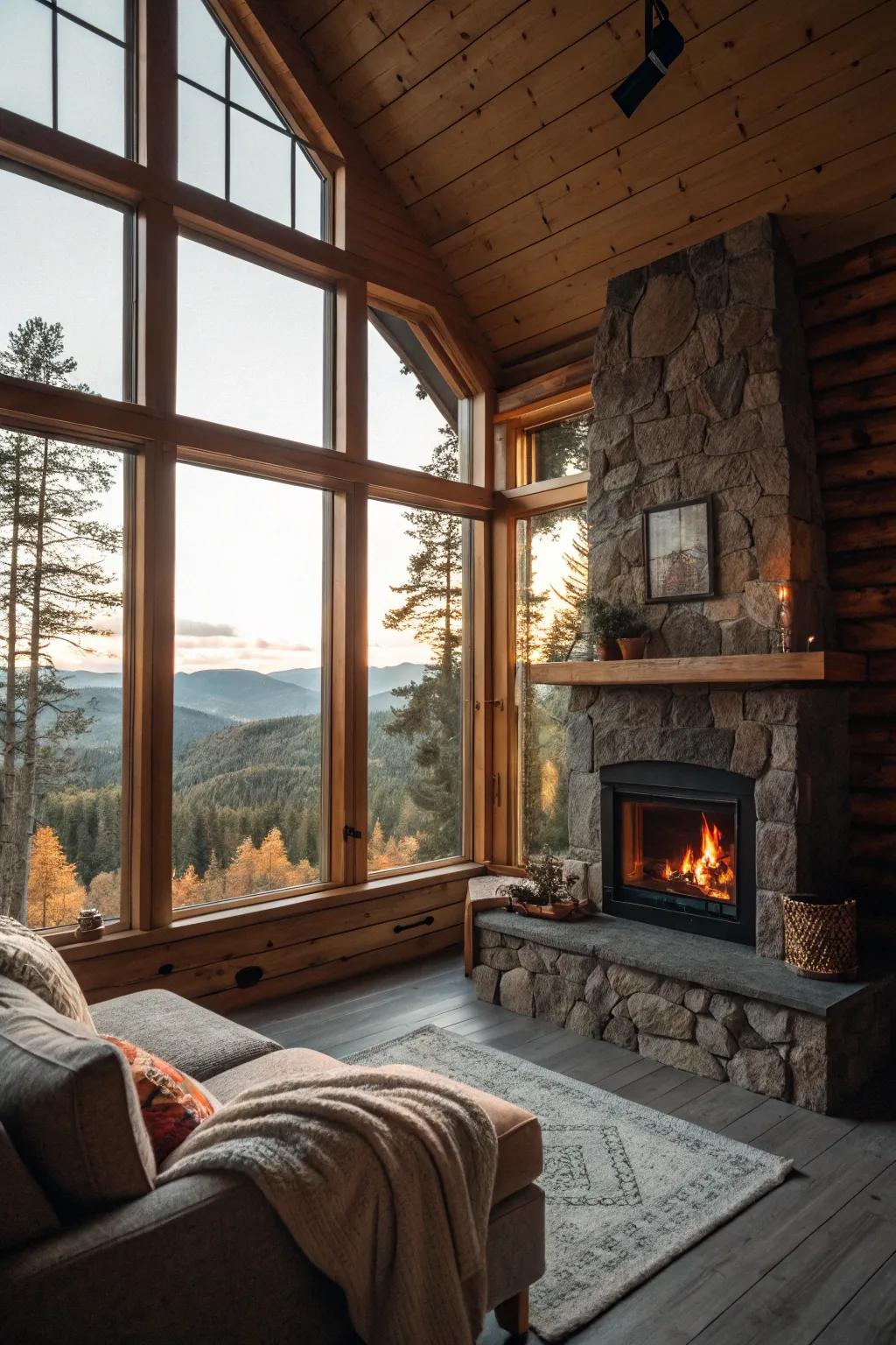 A fireplace near large windows enhancing natural and firelight ambiance.