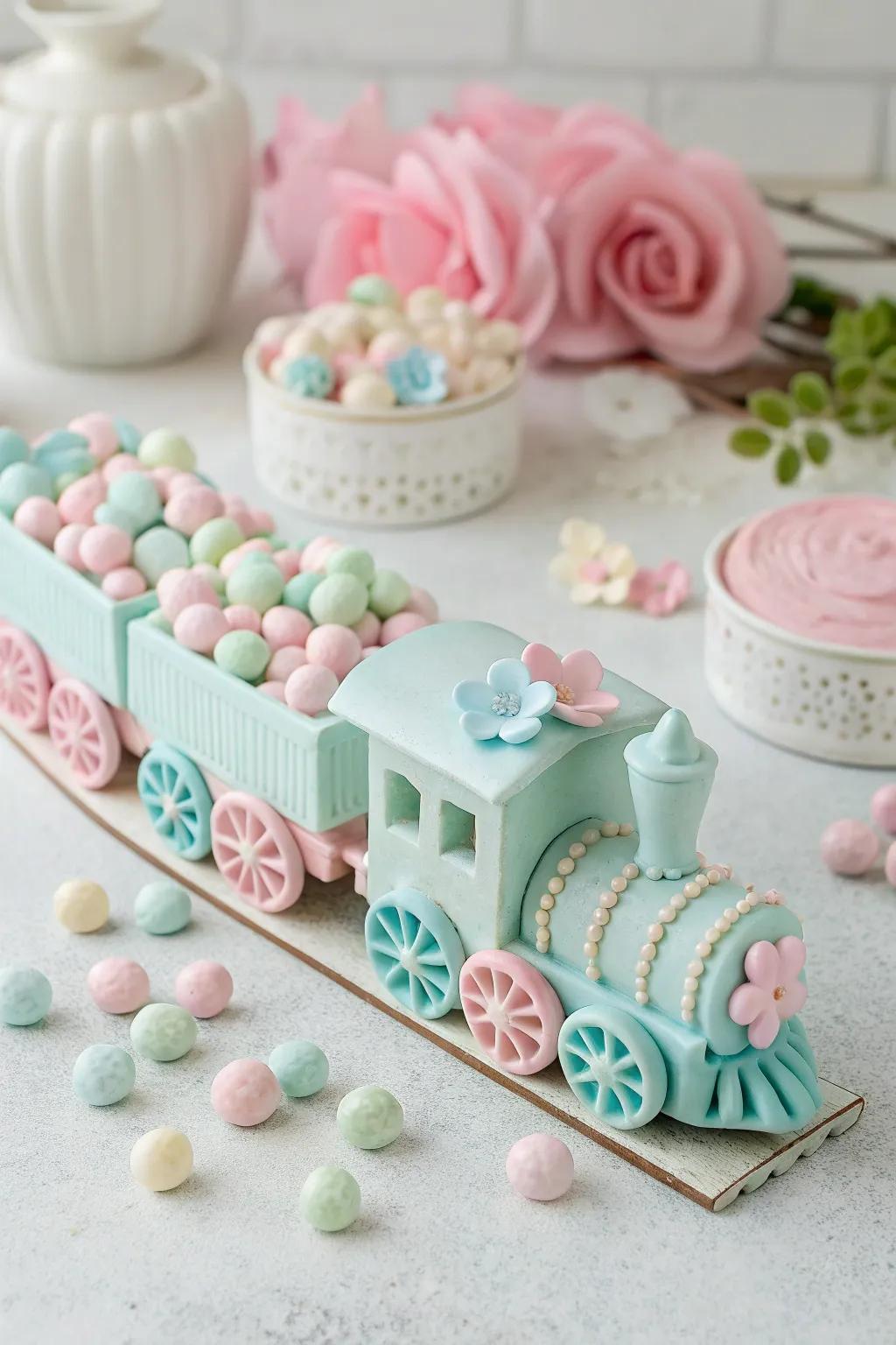 All aboard the Fairy Tale Train—a sweet journey into a whimsical world of pastel dreams and sugary blooms.