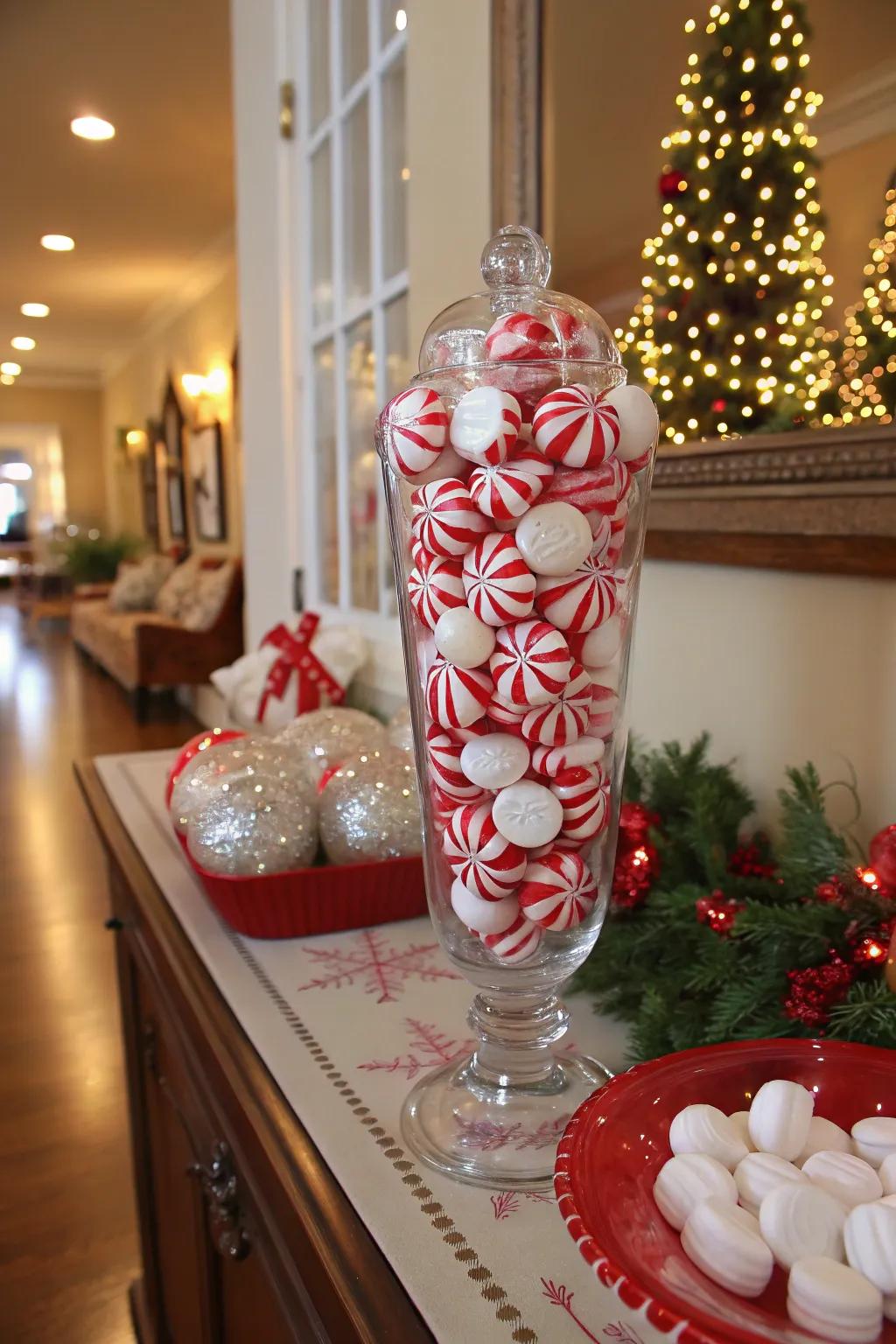 A layered peppermint vase brings festive flair to your home during the holidays.