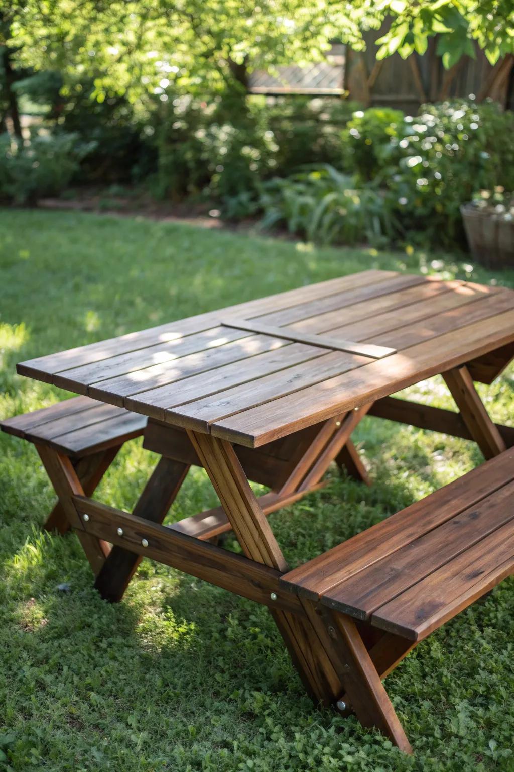 Experience the art of craftsmanship with this elegant foldable picnic table, perfect for your outdoor gatherings.