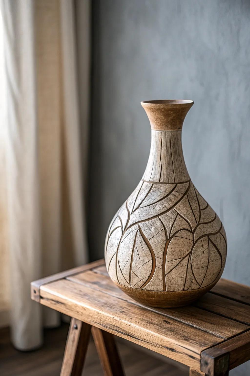 Infuse your space with rustic charm and Scandinavian elegance with this beautifully carved pottery piece.