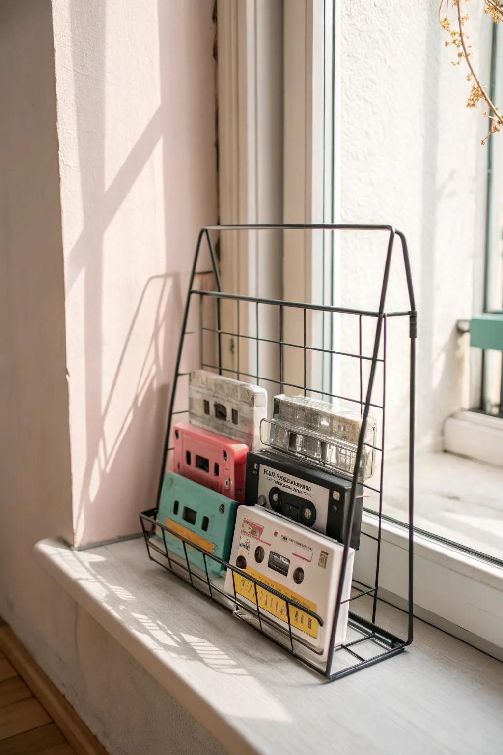 Organize your nostalgia with style: Embrace the industrial charm of wire mesh racks for your cassette collection.