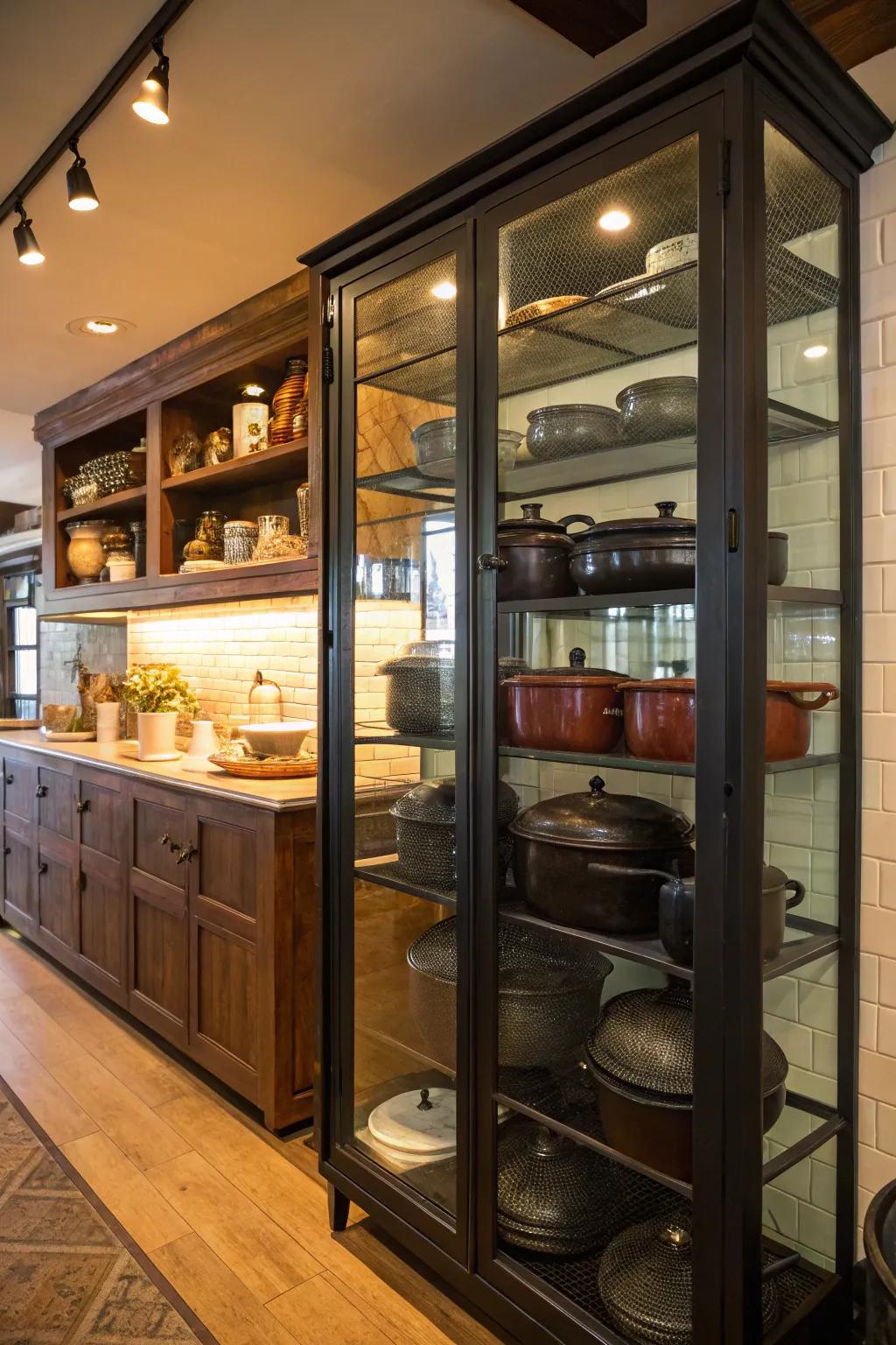 Display cabinet showcasing cast iron cookware.