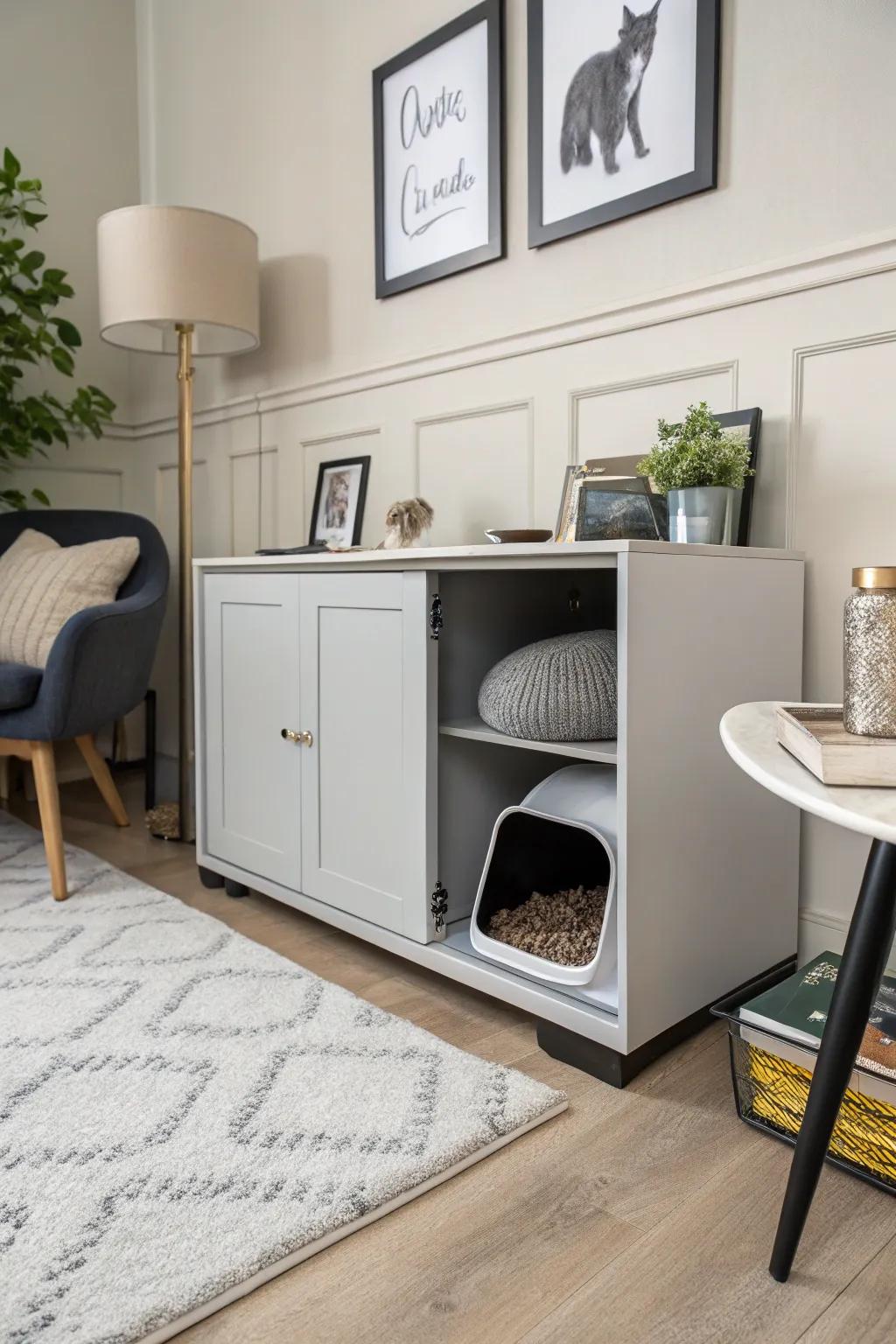 A hidden litter box discreetly blends functionality with style.