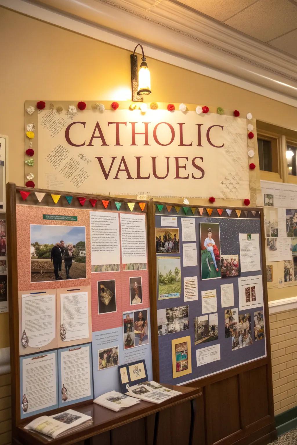 A Catholic Values bulletin board reminding students of foundational principles.