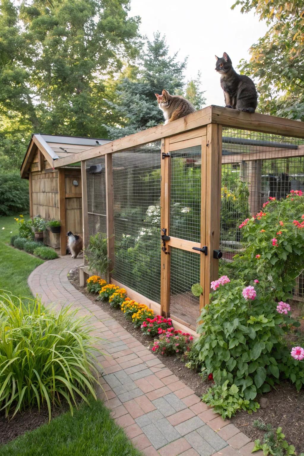 A catio seamlessly integrated with a lush garden setting.