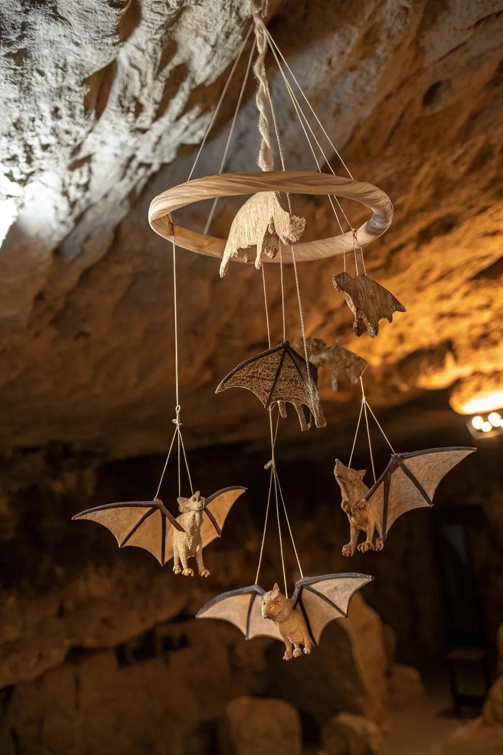 Elevate your cave's ambiance with a handcrafted ceiling mobile that brings prehistoric charm to life.