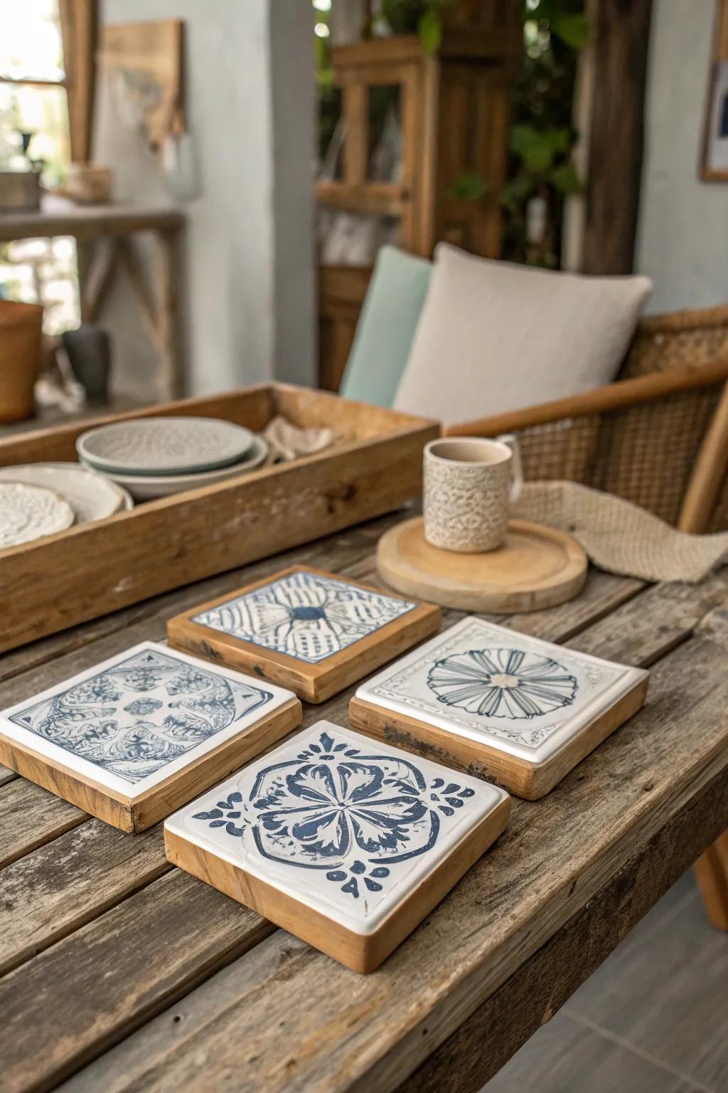 Wood and ceramic coasters blend natural elements beautifully.